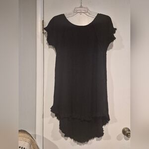 Umgee Black Cotton/Linen Hi-Low Dress with Pockets & Fringes